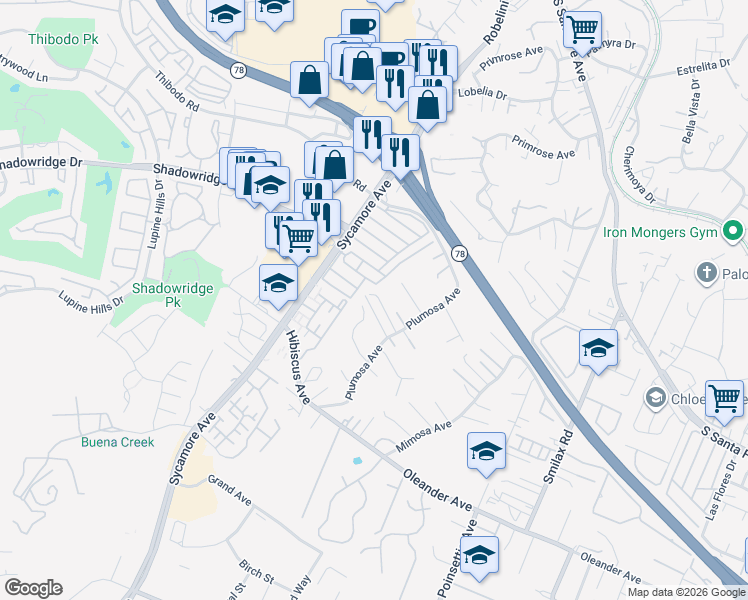 map of restaurants, bars, coffee shops, grocery stores, and more near 2451 Melissa Court in Vista