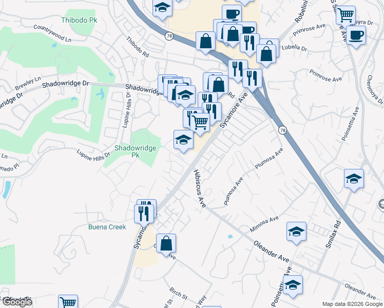 map of restaurants, bars, coffee shops, grocery stores, and more near 845 Sycamore Avenue in Vista