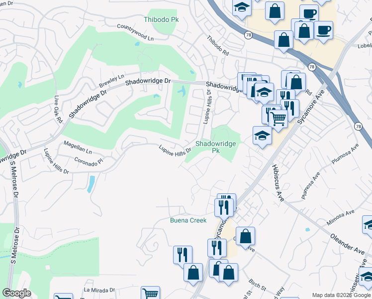 map of restaurants, bars, coffee shops, grocery stores, and more near 2272 Cottage Way in Vista