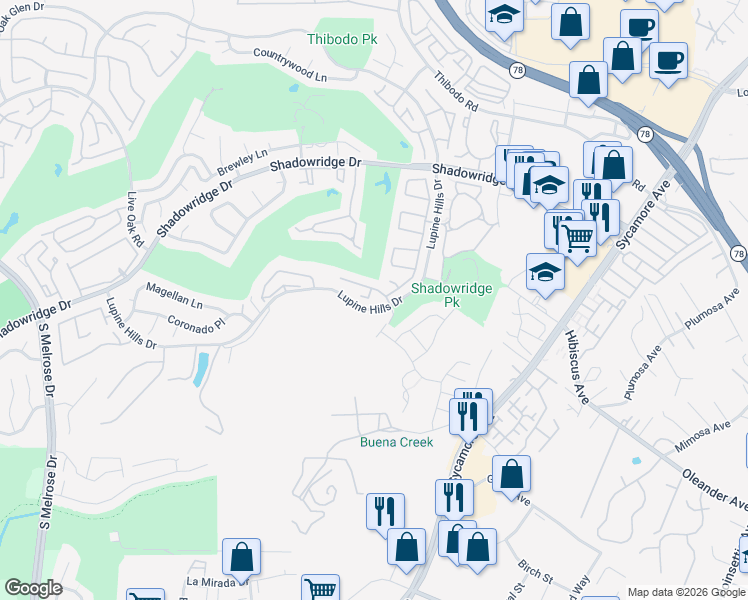 map of restaurants, bars, coffee shops, grocery stores, and more near 2318 Cobblestone Lane in Vista