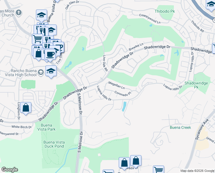 map of restaurants, bars, coffee shops, grocery stores, and more near 2640 Coronado Place in Vista