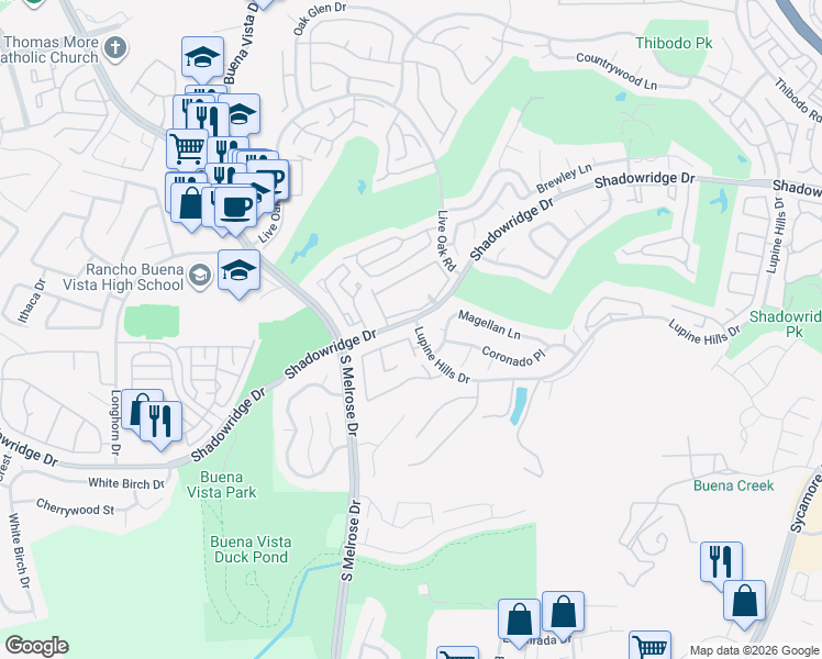 map of restaurants, bars, coffee shops, grocery stores, and more near 1678 Harbor Drive in Vista