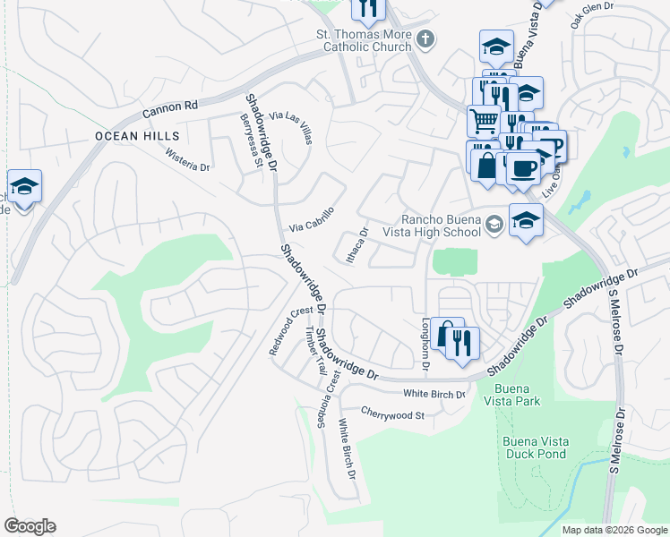 map of restaurants, bars, coffee shops, grocery stores, and more near 1853 Ithaca Drive in Vista