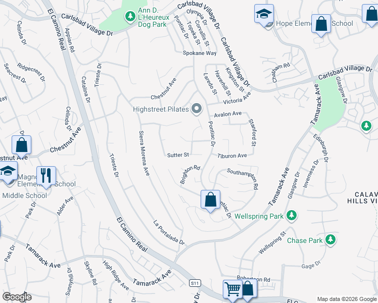 map of restaurants, bars, coffee shops, grocery stores, and more near 2668 Sutter Street in Carlsbad