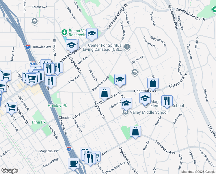 map of restaurants, bars, coffee shops, grocery stores, and more near 3455 Valley Street in Carlsbad