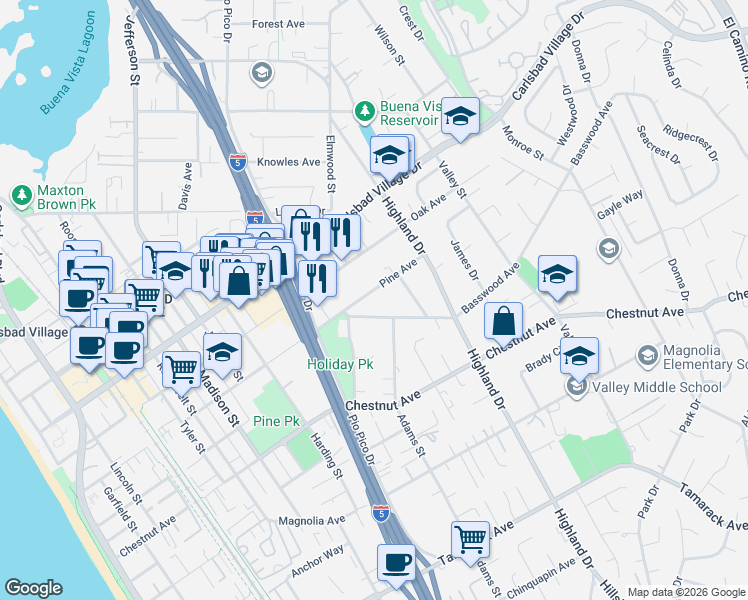 map of restaurants, bars, coffee shops, grocery stores, and more near 1300 Basswood Avenue in Carlsbad