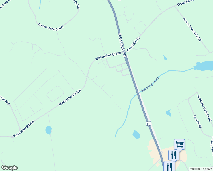 map of restaurants, bars, coffee shops, grocery stores, and more near 145 Red Oak Trail Northwest in Milledgeville