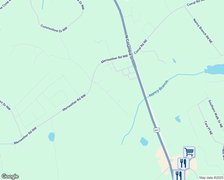 map of restaurants, bars, coffee shops, grocery stores, and more near 141 Red Oak Trail Northwest in Milledgeville