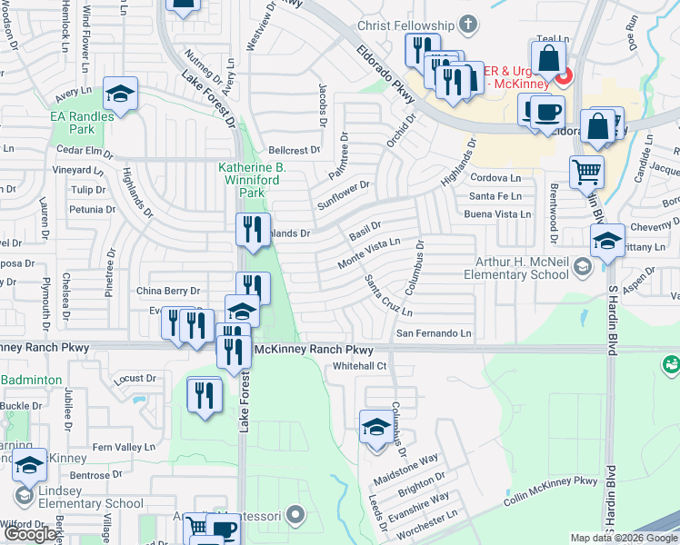 map of restaurants, bars, coffee shops, grocery stores, and more near 4825 Monte Vista Lane in McKinney