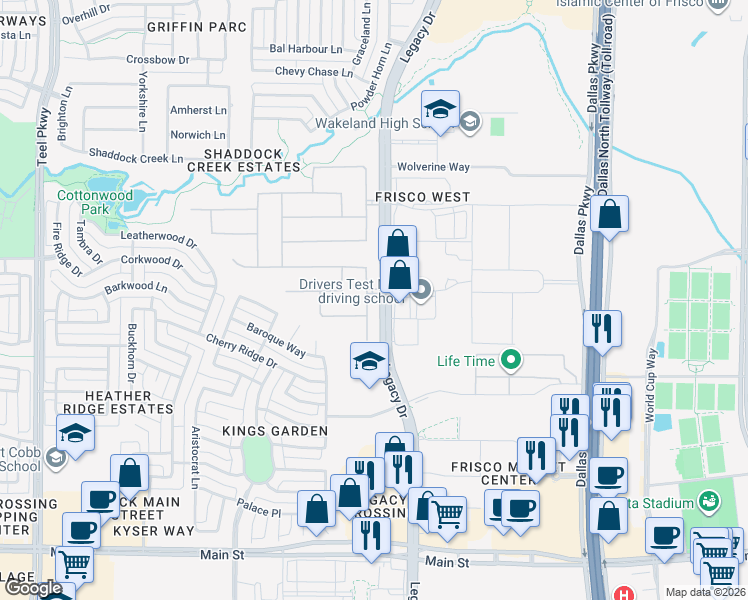 map of restaurants, bars, coffee shops, grocery stores, and more near 10050 Legacy Drive in Frisco