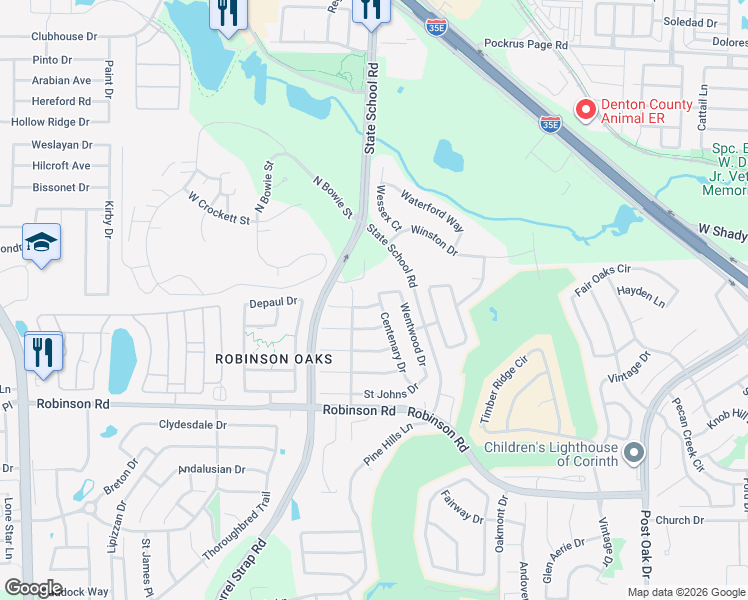map of restaurants, bars, coffee shops, grocery stores, and more near 3613 Yale Drive in Denton