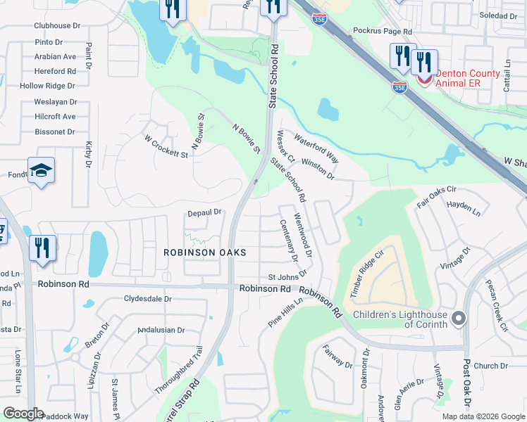map of restaurants, bars, coffee shops, grocery stores, and more near 3513 Yale Drive in Denton