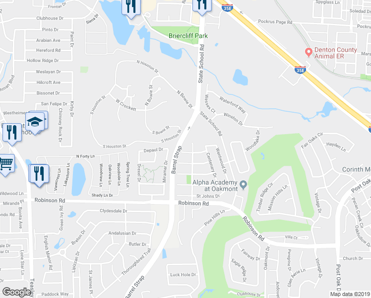 map of restaurants, bars, coffee shops, grocery stores, and more near 3513 Yale Drive in Denton