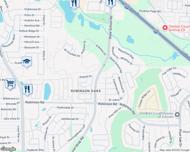map of restaurants, bars, coffee shops, grocery stores, and more near 3709 Miramar Drive in Denton