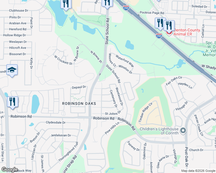 map of restaurants, bars, coffee shops, grocery stores, and more near 3613 Yale Dr in Denton