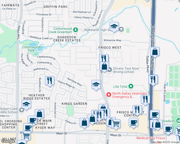 map of restaurants, bars, coffee shops, grocery stores, and more near 4293 Georgian Trail in Frisco