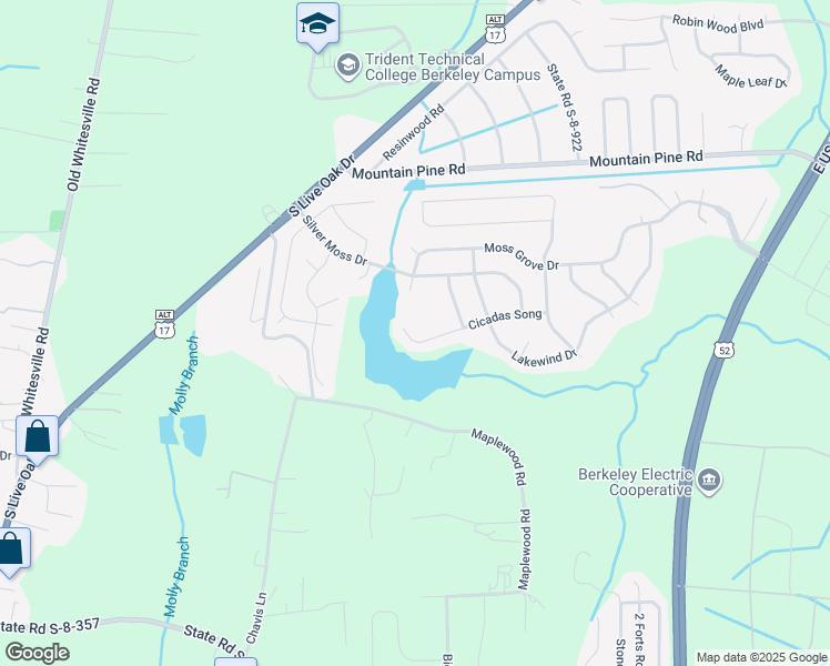 map of restaurants, bars, coffee shops, grocery stores, and more near 346 Cicadas Song Drive in Moncks Corner