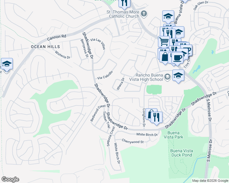 map of restaurants, bars, coffee shops, grocery stores, and more near 1853 Ithaca Drive in Vista