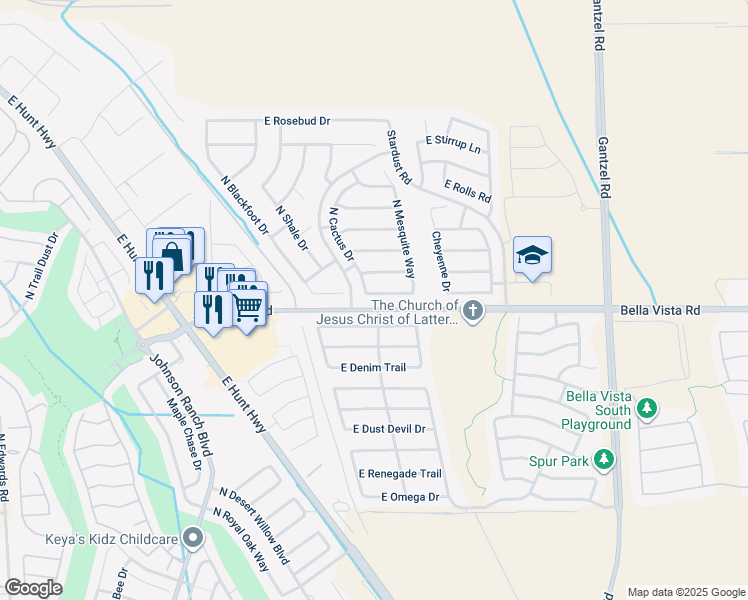 map of restaurants, bars, coffee shops, grocery stores, and more near 1067 East Mayfield Drive in Queen Creek