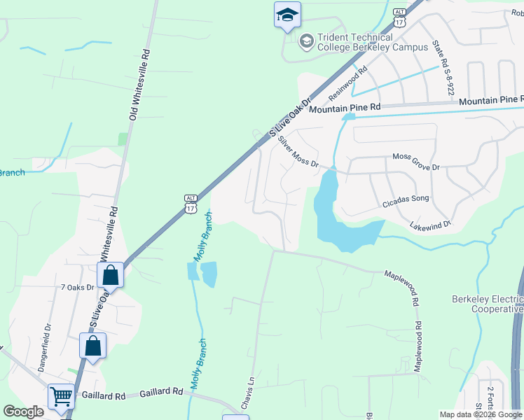 map of restaurants, bars, coffee shops, grocery stores, and more near 406 Bear Tree Court in Moncks Corner