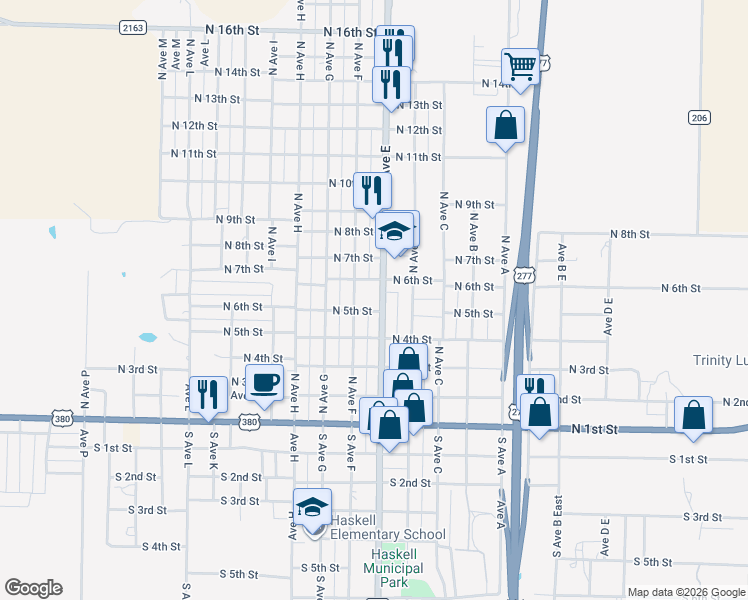 map of restaurants, bars, coffee shops, grocery stores, and more near 504 North Avenue East in Haskell