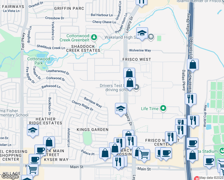 map of restaurants, bars, coffee shops, grocery stores, and more near 4293 Georgian Trail in Frisco