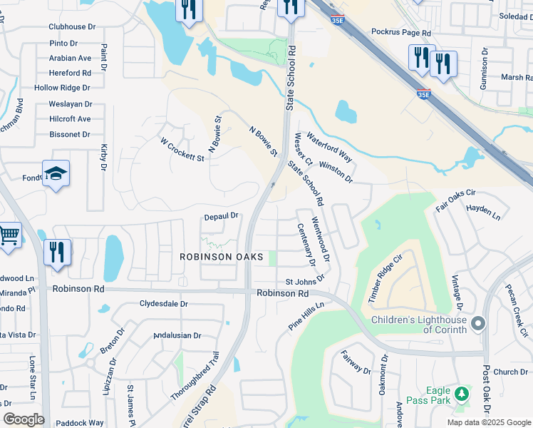 map of restaurants, bars, coffee shops, grocery stores, and more near 3513 Yale Drive in Denton