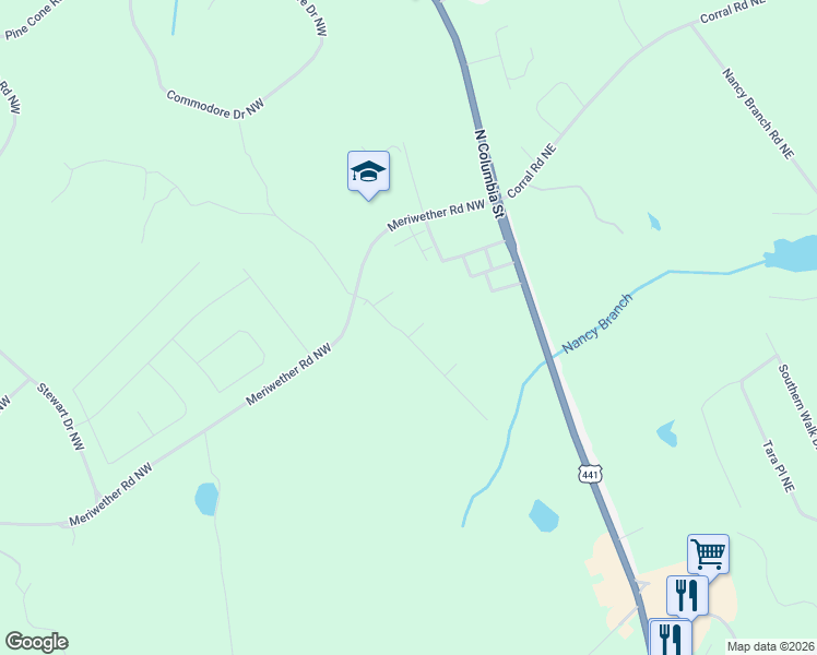 map of restaurants, bars, coffee shops, grocery stores, and more near 129 Red Oak Trail in Milledgeville