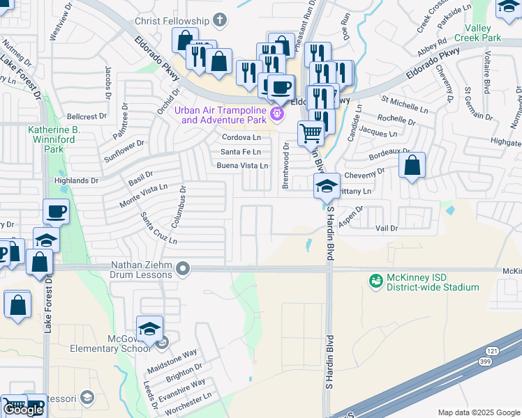 map of restaurants, bars, coffee shops, grocery stores, and more near 3601 Kathryn Way in McKinney