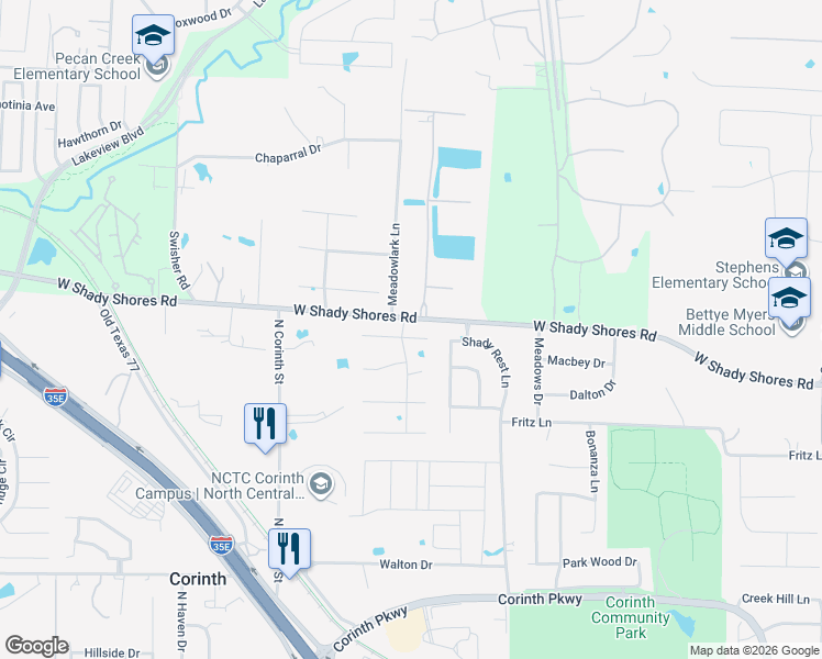 map of restaurants, bars, coffee shops, grocery stores, and more near 3403 Attaway Circle in Corinth