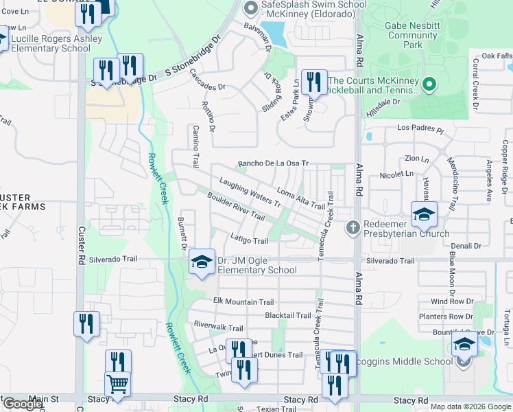 map of restaurants, bars, coffee shops, grocery stores, and more near 8112 Boulder River Trail in McKinney
