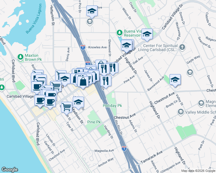 map of restaurants, bars, coffee shops, grocery stores, and more near 1107 Oak Avenue in Carlsbad