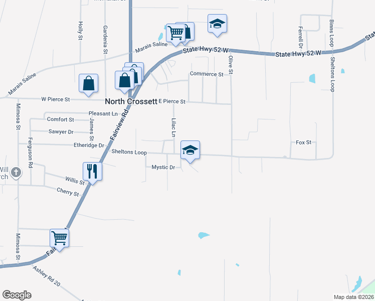 map of restaurants, bars, coffee shops, grocery stores, and more near 185 Sheltons Loop in Crossett