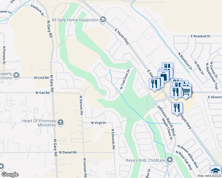 map of restaurants, bars, coffee shops, grocery stores, and more near 31115 North Gecko Trail in San Tan Valley