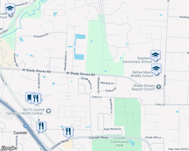 map of restaurants, bars, coffee shops, grocery stores, and more near 3598 West Shady Shores Road in Corinth
