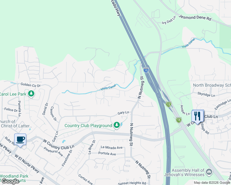 map of restaurants, bars, coffee shops, grocery stores, and more near 1895 Rockhoff Road in Escondido