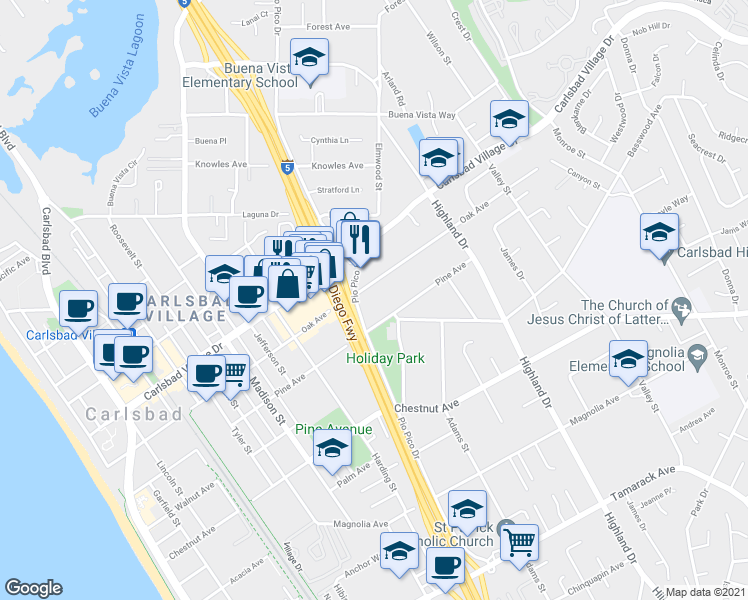 map of restaurants, bars, coffee shops, grocery stores, and more near 1109 Oak Avenue in Carlsbad