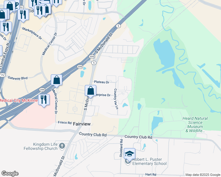 map of restaurants, bars, coffee shops, grocery stores, and more near 2491 Country View Lane in McKinney