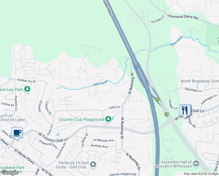 map of restaurants, bars, coffee shops, grocery stores, and more near 1895 Rockhoff Road in Escondido