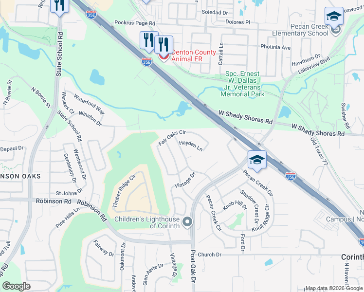 map of restaurants, bars, coffee shops, grocery stores, and more near 2014 Hayden Lane in Corinth