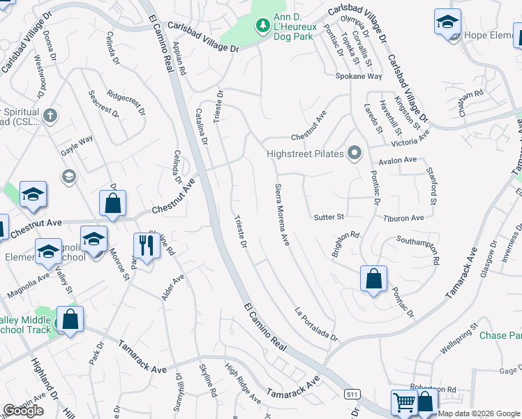 map of restaurants, bars, coffee shops, grocery stores, and more near 3746 Longview Drive in Carlsbad