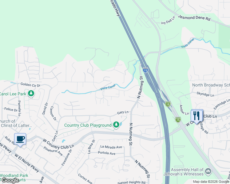 map of restaurants, bars, coffee shops, grocery stores, and more near 1895 Rockhoff Road in Escondido