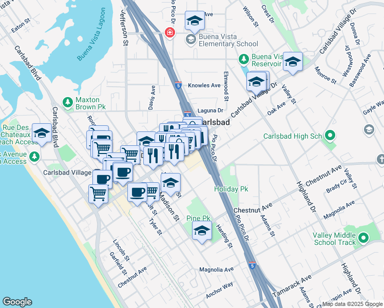 map of restaurants, bars, coffee shops, grocery stores, and more near 1005 Carlsbad Village Drive in Carlsbad