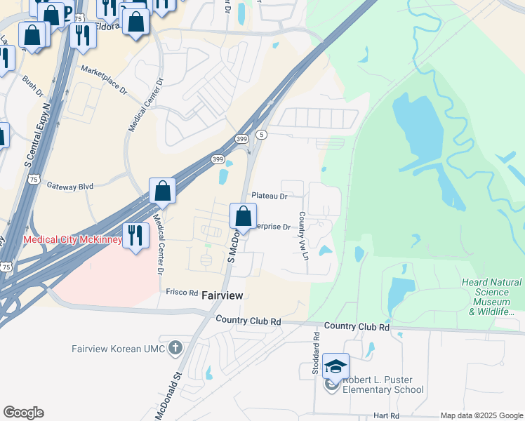 map of restaurants, bars, coffee shops, grocery stores, and more near 150 Enterprise Blvd in McKinney