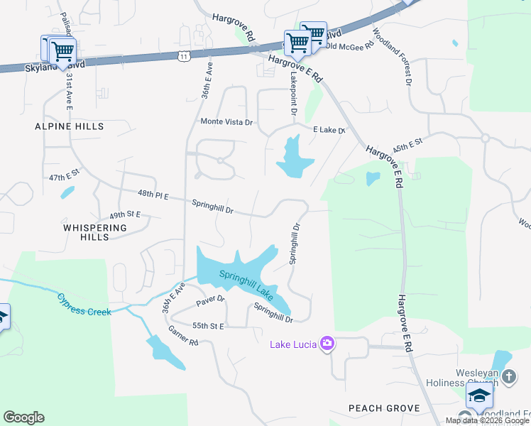 map of restaurants, bars, coffee shops, grocery stores, and more near 3756-3876 Springhill Drive in Tuscaloosa