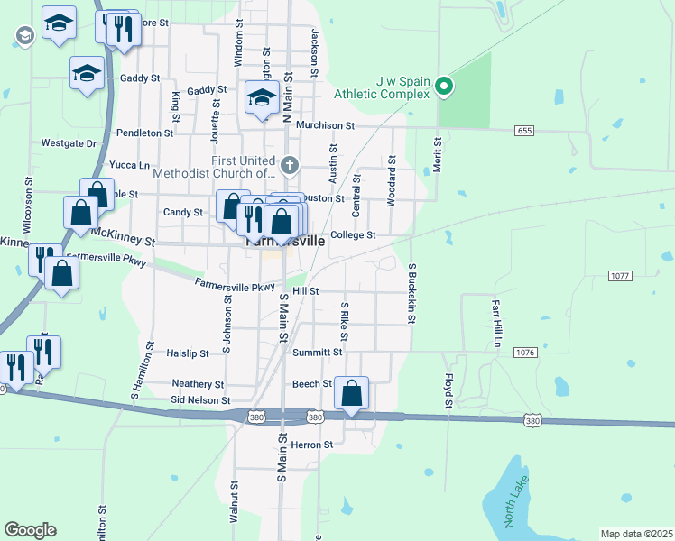 map of restaurants, bars, coffee shops, grocery stores, and more near 125 South Rike Street in Farmersville