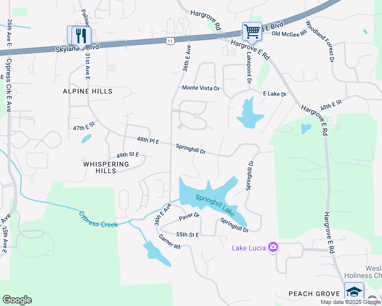 map of restaurants, bars, coffee shops, grocery stores, and more near 3633 Springhill Drive in Tuscaloosa