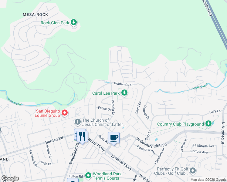 map of restaurants, bars, coffee shops, grocery stores, and more near 2012 Pamela Lane in Escondido