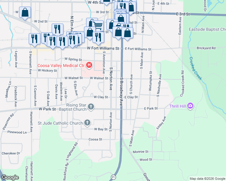 map of restaurants, bars, coffee shops, grocery stores, and more near 215 South Broadway Avenue in Sylacauga