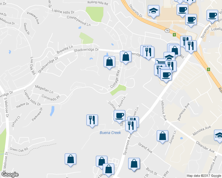 map of restaurants, bars, coffee shops, grocery stores, and more near 2272 Cottage Way in Vista